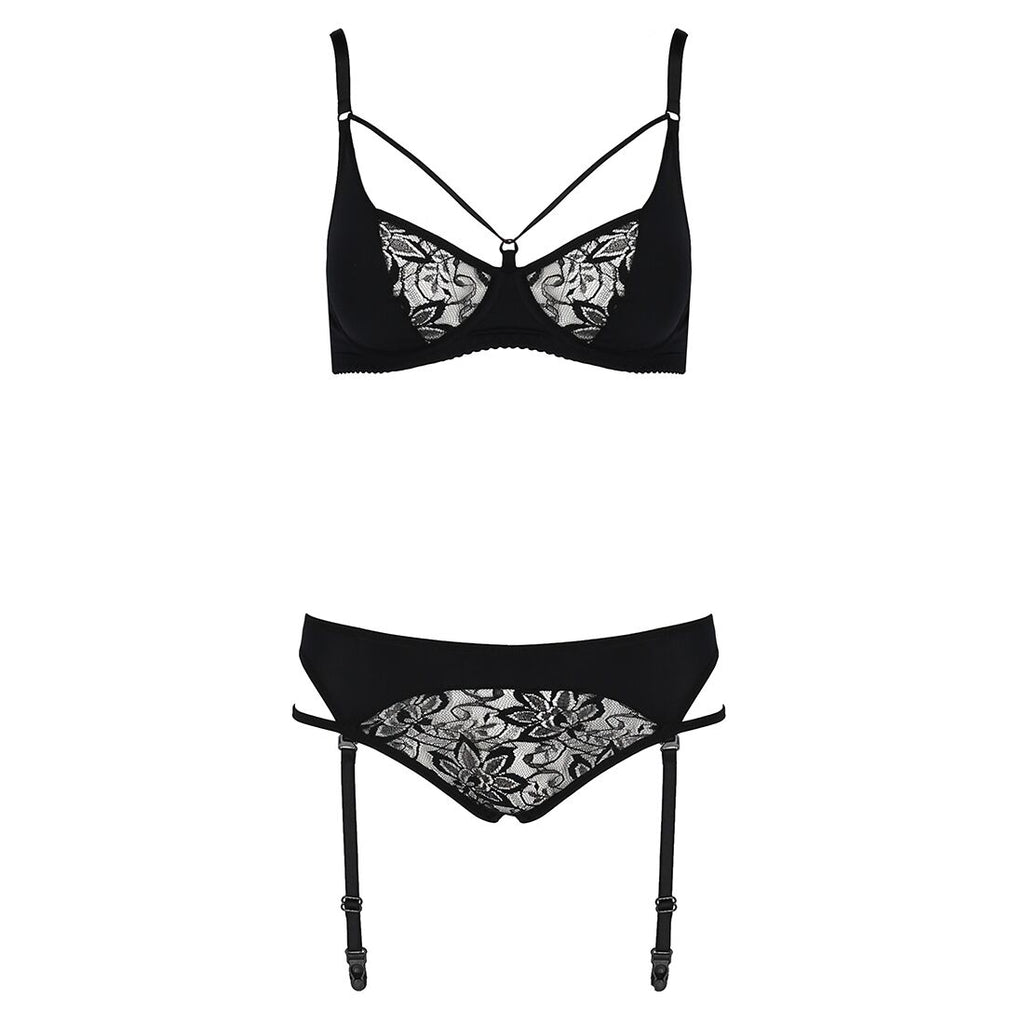 Passion (Польща) Комплект білизни Passion PAULINE SET L/XL, black, стрепи, ліф, стрінги і пояс для панчох