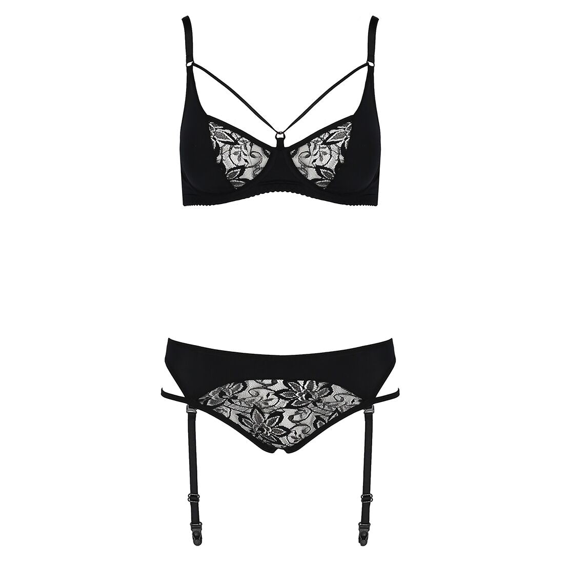 Passion (Польща) Комплект білизни Passion PAULINE SET L/XL, black, стрепи, ліф, стрінги і пояс для панчох