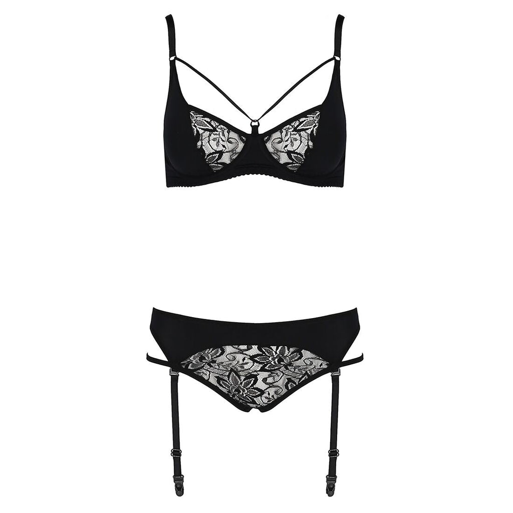 Комплект білизни Passion PAULINE SET L/XL, black, стрепи, ліф, стрінги і пояс дл