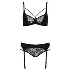 Комплект білизни Passion PAULINE SET L/XL, black, стрепи, ліф, стрінги і пояс дл