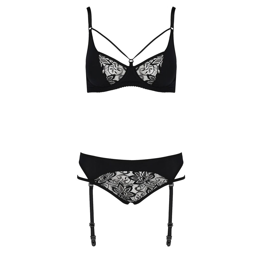 Passion (Польща) Комплект білизни Passion PAULINE SET S/M, black, стрепи, ліф, стрінги і пояс для панчох
