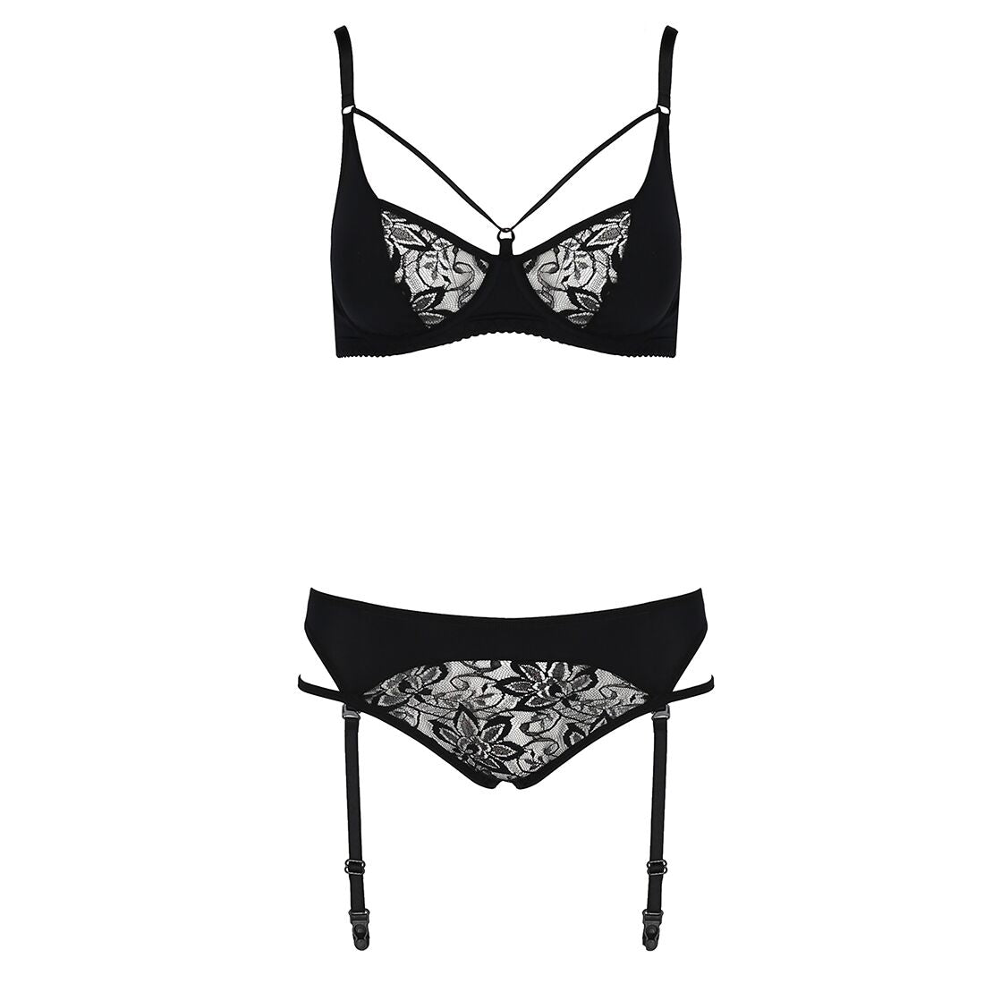 Passion (Польща) Комплект білизни Passion PAULINE SET XXL/XXXL, black, стрепи, ліф, стрінги і пояс для панчох