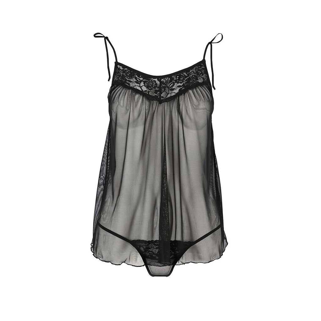 Сорочка прозора бебі-дол Passion MELANIA CHEMISE L/XL, black, трусики, на тонких