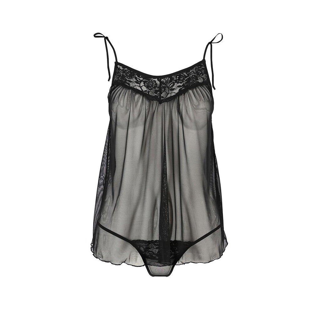 Passion (Польща) Сорочка прозора бебі дол Passion MELANIA CHEMISE S/M, black, трусики, на тонких бретелях