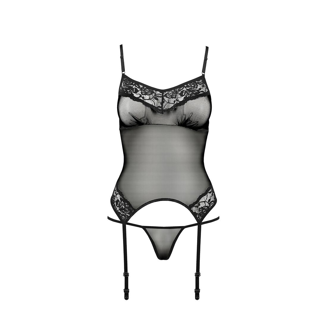 Passion (Польща) Корсет з пажами Passion MELANIA CORSET L/XL, black, трусики, напівпрозорий