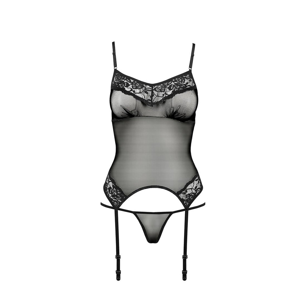 Passion (Польща) Корсет з пажами Passion MELANIA CORSET XXL/XXXL, black, трусики, напівпрозорий
