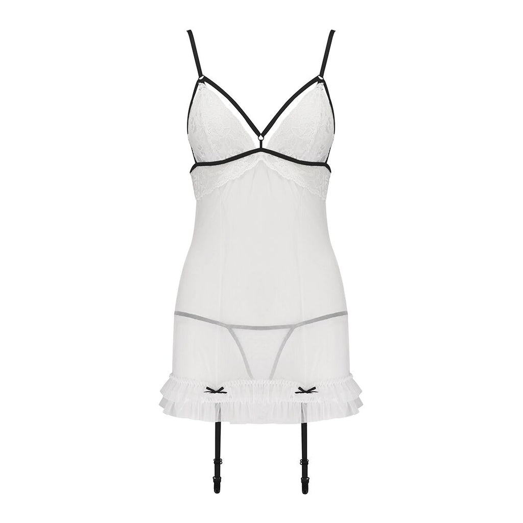 Passion (Польща) Сорочка прозора з пажами Passion ORIHIME CHEMISE S/M, white, трусики, стрепи