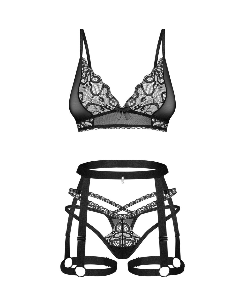 Комплект Obsessive Blomentis 3-pcs set, M/L, м’який ліф, стрінги зі стрепами, по