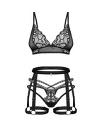 Комплект Obsessive Blomentis 3-pcs set, M/L, м’який ліф, стрінги зі стрепами, по