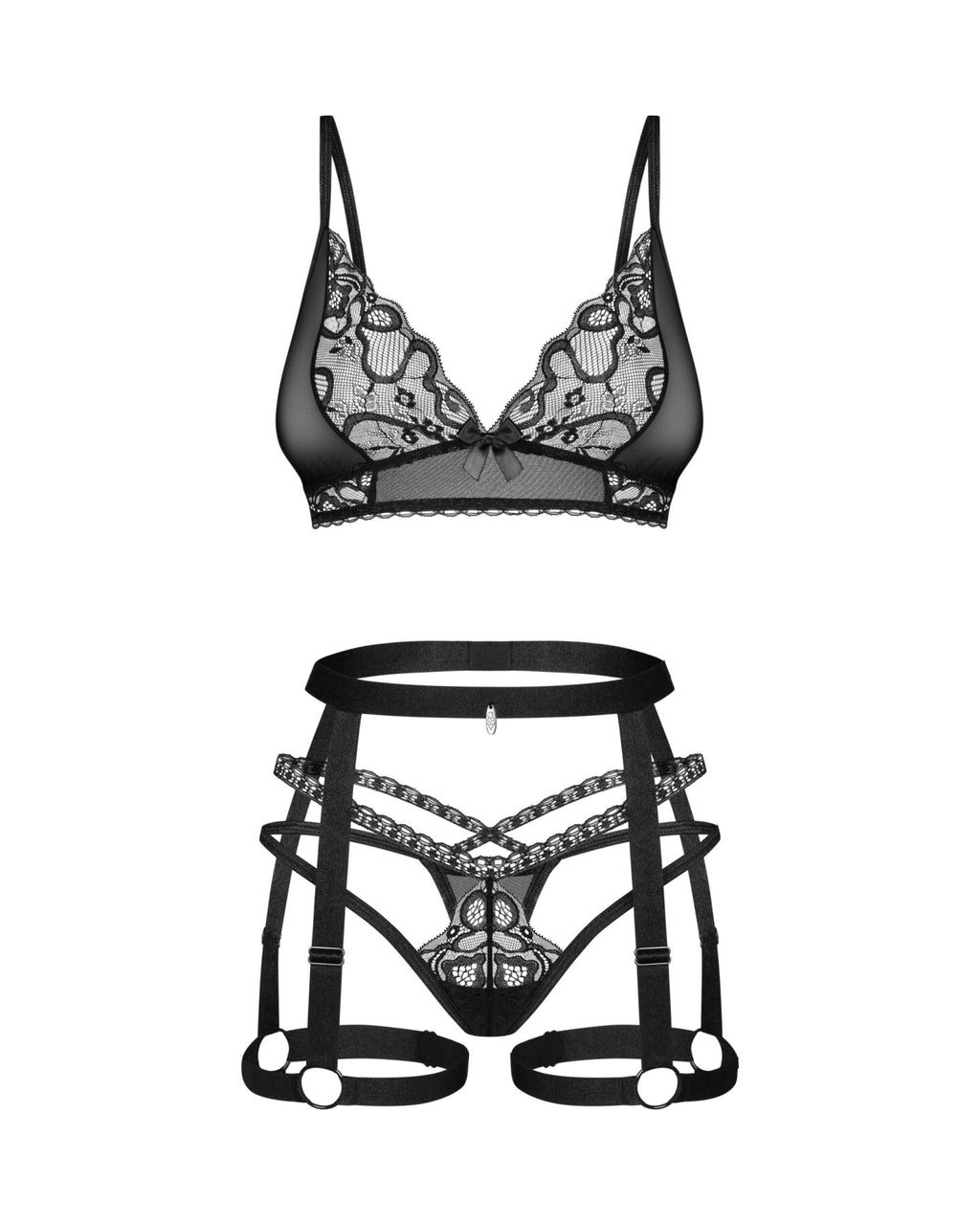Obsessive (Польща) Комплект Obsessive Blomentis 3-pcs set, XS/S, м’який ліф, стрінги зі стрепами, пояс із гартерами
