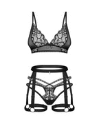 Комплект Obsessive Blomentis 3-pcs set, м’який ліф, стрінги зі стрепами, пояс із гартерами