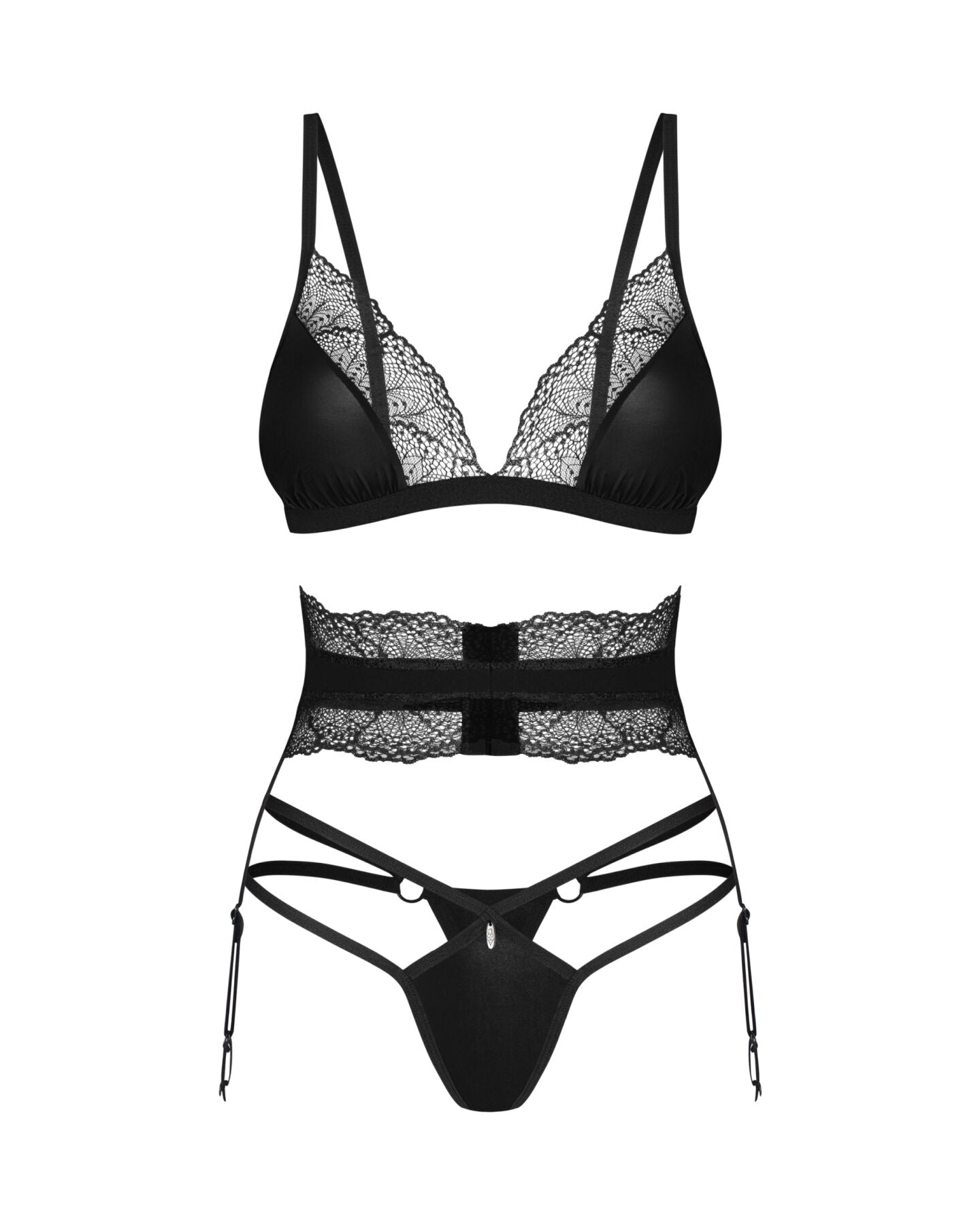 Obsessive (Польща) Комплект Obsessive Lobellis 3-pcs set, M/L, чорний, ліф з м’якою чашкою, стрінги, пояс для панчіх