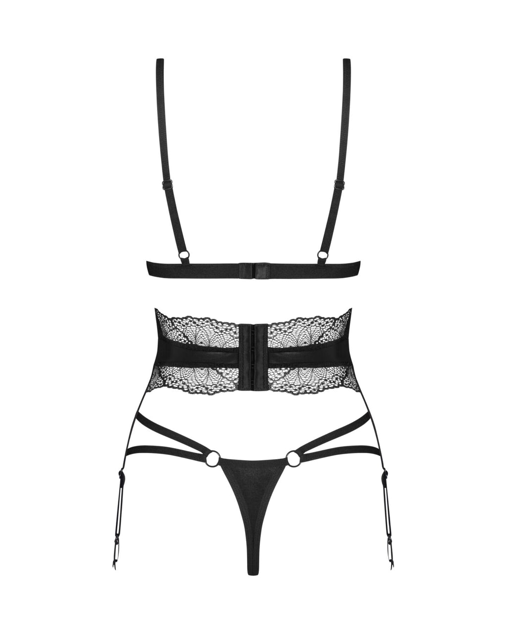 Obsessive (Польща) Комплект Obsessive Lobellis 3-pcs set, XL/2XL, чорний, ліф з м’якою чашкою, стрінги, пояс для панчіх