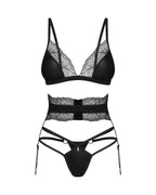 Комплект Obsessive Lobellis 3-pcs set, XL/2XL, чорний, ліф з м’якою чашкою, стрінги, пояс для панчіх