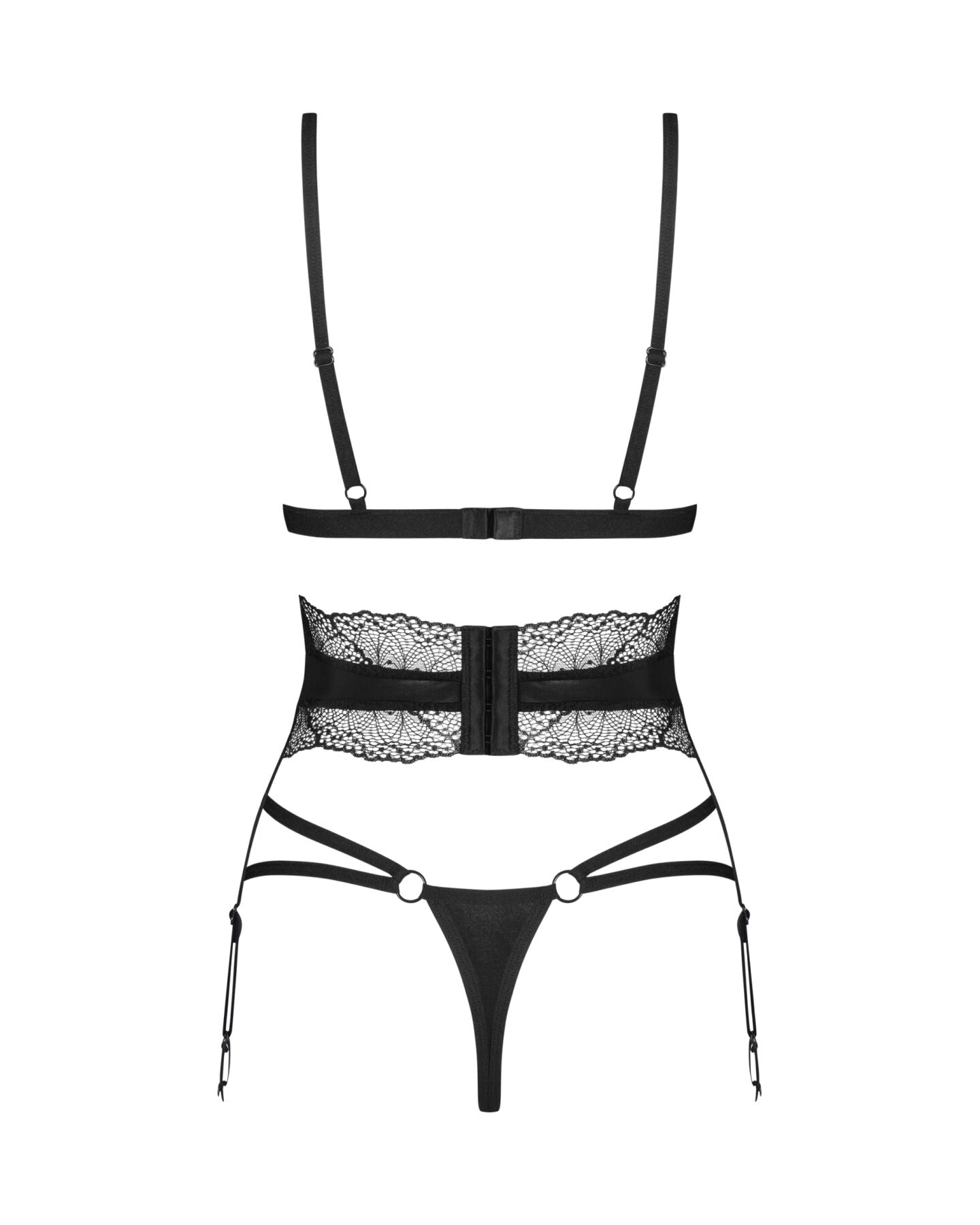 Obsessive (Польща) Комплект Obsessive Lobellis 3-pcs set, XS/S, чорний, ліф з м’якою чашкою, стрінги, пояс для панчіх