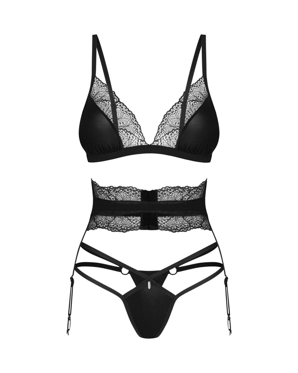 Obsessive (Польща) Комплект Obsessive Lobellis 3-pcs set, XS/S, чорний, ліф з м’якою чашкою, стрінги, пояс для панчіх