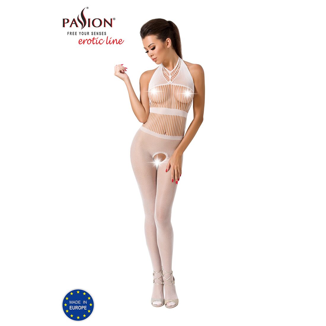 Passion (Польща) Бодістокінг Passion BS048 white, комбінезон, імітація колгот та відкритого топа