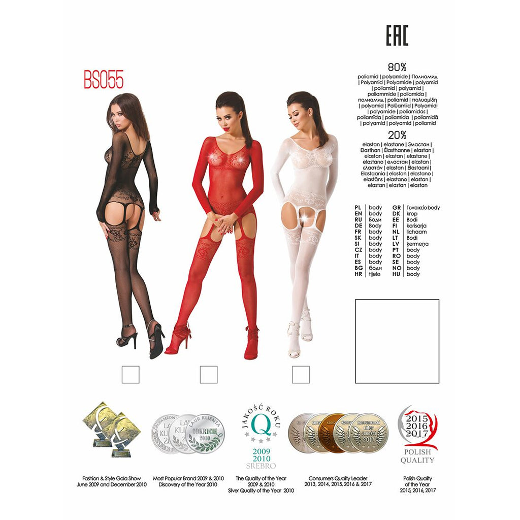 Passion (Польща) Бодістокінг Passion BS055 red, комбінезон, імітація панчіх і пояса, довгий рукав, закрите плече