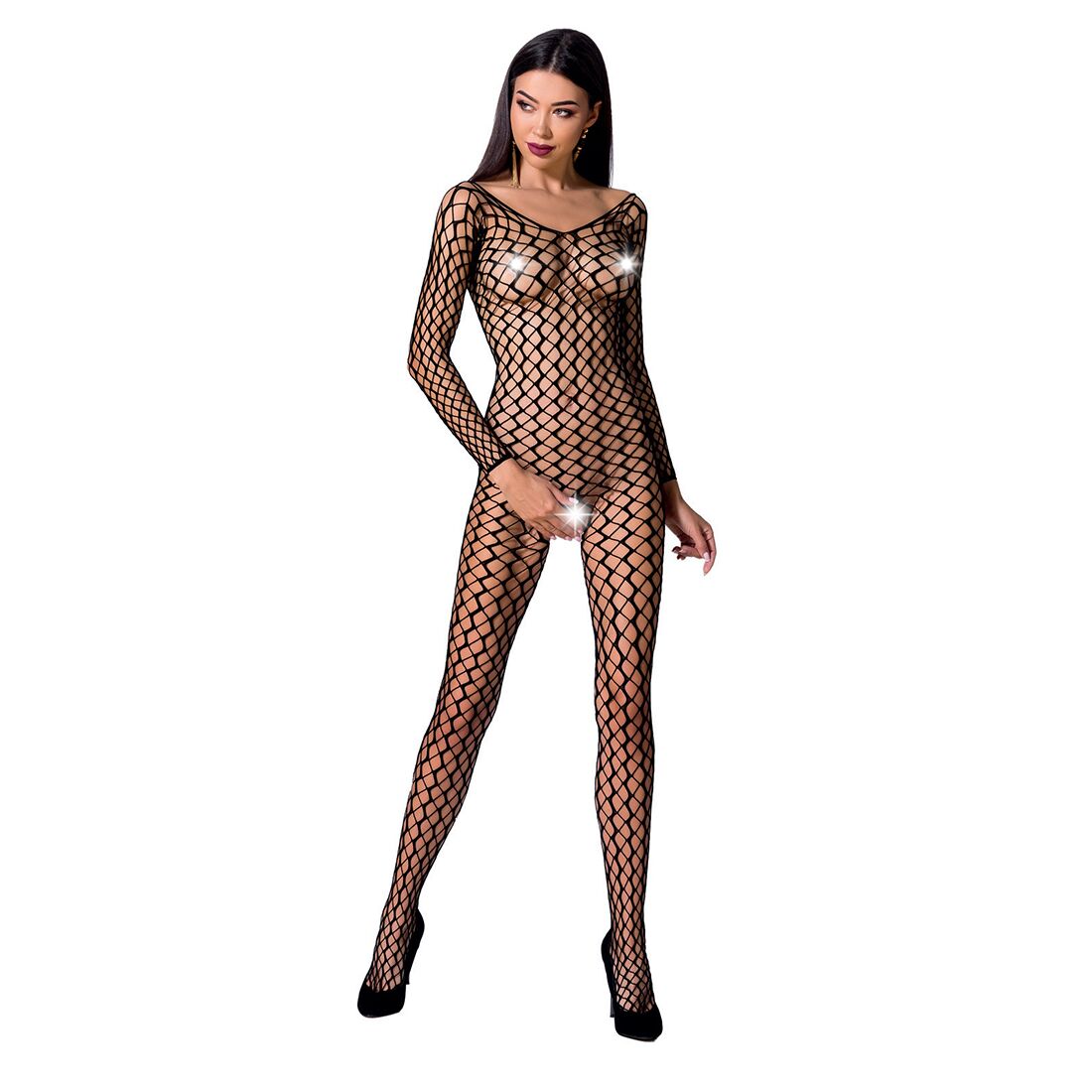 Passion (Польща) Бодістокінг Passion BS068 black, комбінезон, велика сітка, довгий рукав