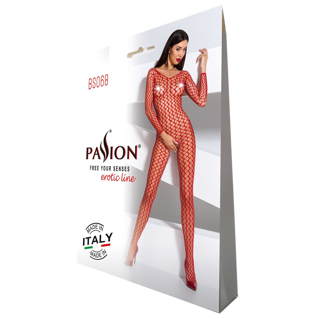 Passion (Польща) Бодістокінг Passion BS068 red, комбінезон, велика сітка, довгий рукав