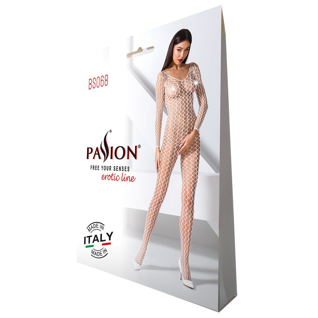 Passion (Польща) Бодістокінг Passion BS068 white, комбінезон, велика сітка, довгий рукав