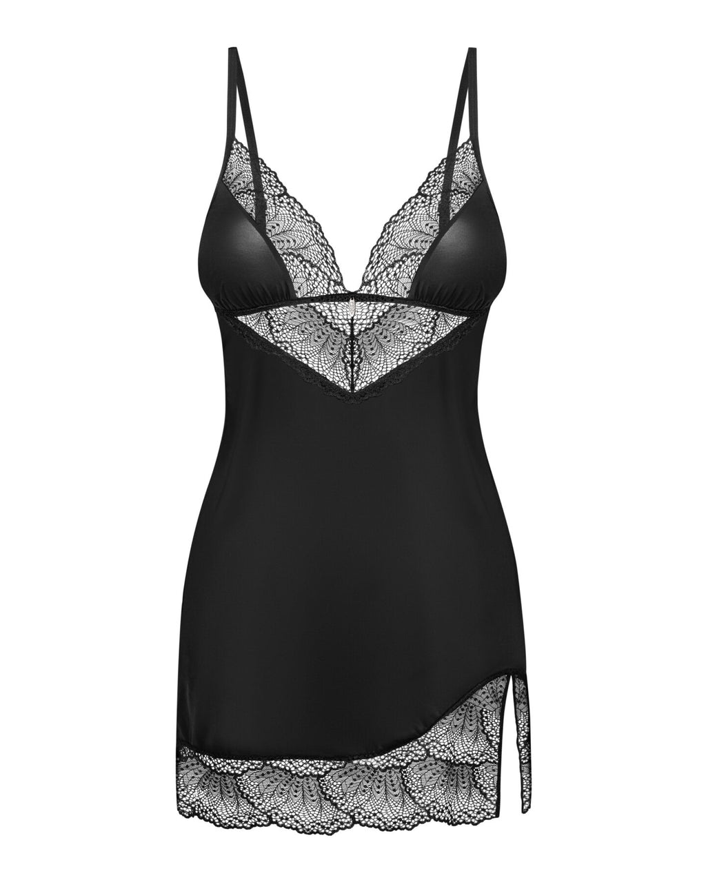 Obsessive (Польща) Пеньюар Obsessive Lobellis chemise & thong, XS/S, чорний, мереживне оздоблення, стрінги в комплекті