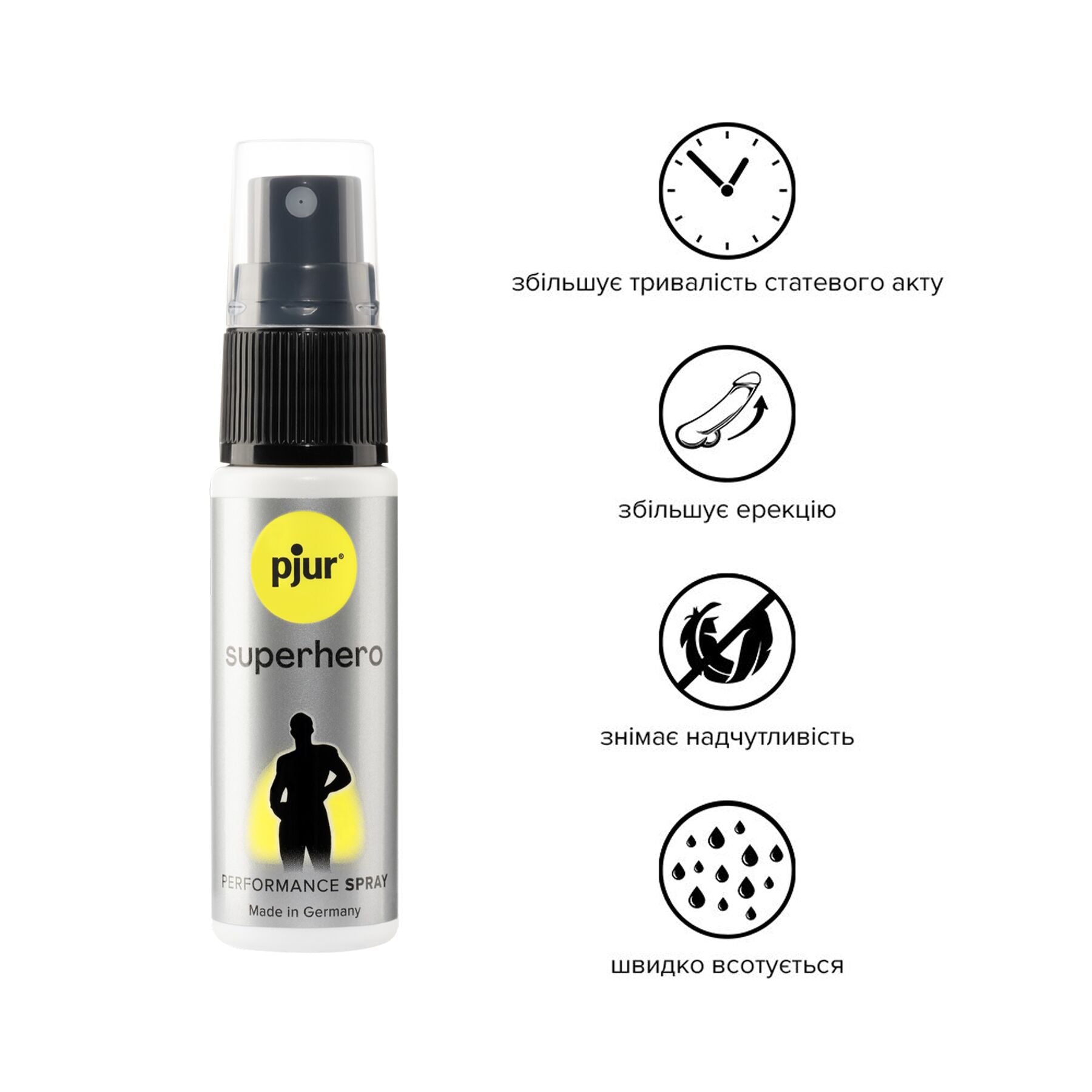 Pjur (Люксембург) Спрей-пролонгатор pjur Superhero Performance Spray 20 мл, всотується в шкіру, природні компоненти