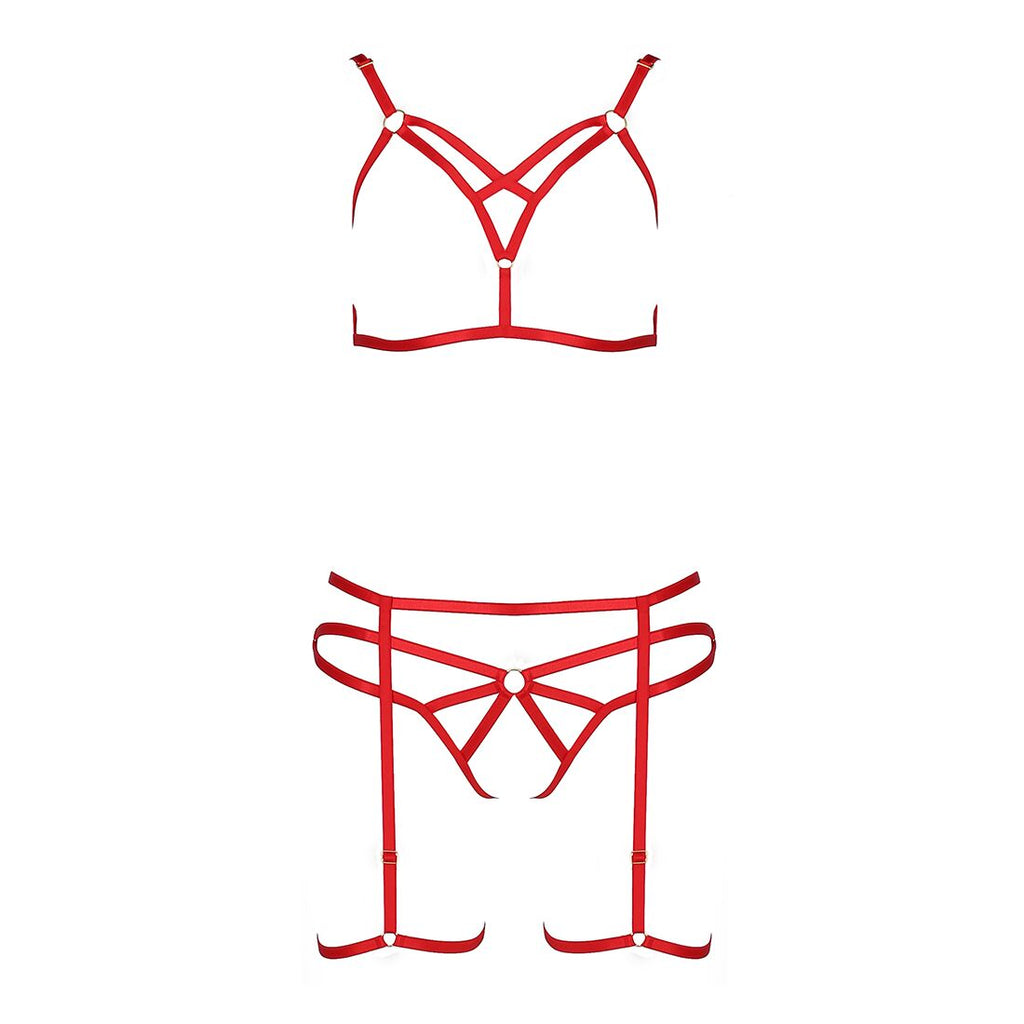 Passion (Польща) Комплект білизни Passion Exclusive MAGALI SET OpenBra L/XL, red, стрепи, ліф, трусики і пояс