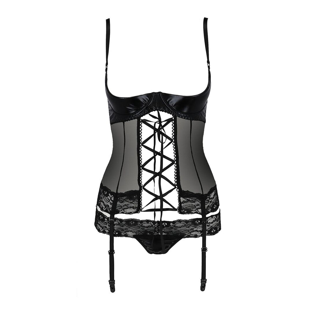 Passion (Польща) Корсет з відкритими грудьми Passion Exclusive NORTH CORSET S/M, black, пажі, трусики, шнурівка