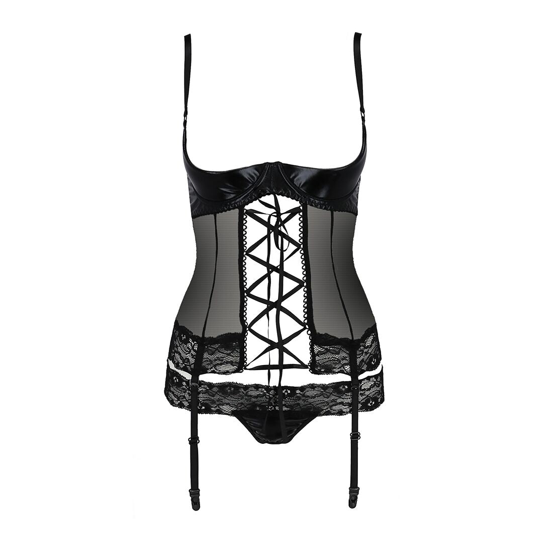 Passion (Польща) Корсет з відкритими грудьми Passion Exclusive NORTH CORSET XXL/XXXL, black, пажі, трусики, шнурівка