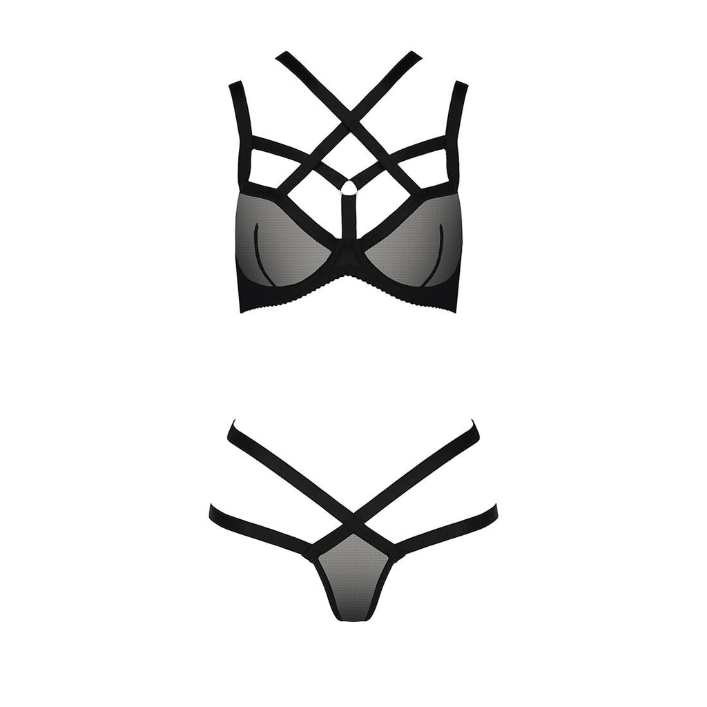 Passion (Польща) Комплект білизни Passion Exclusive HAGAR SET L/XL, black, стрепи трусики та ліф