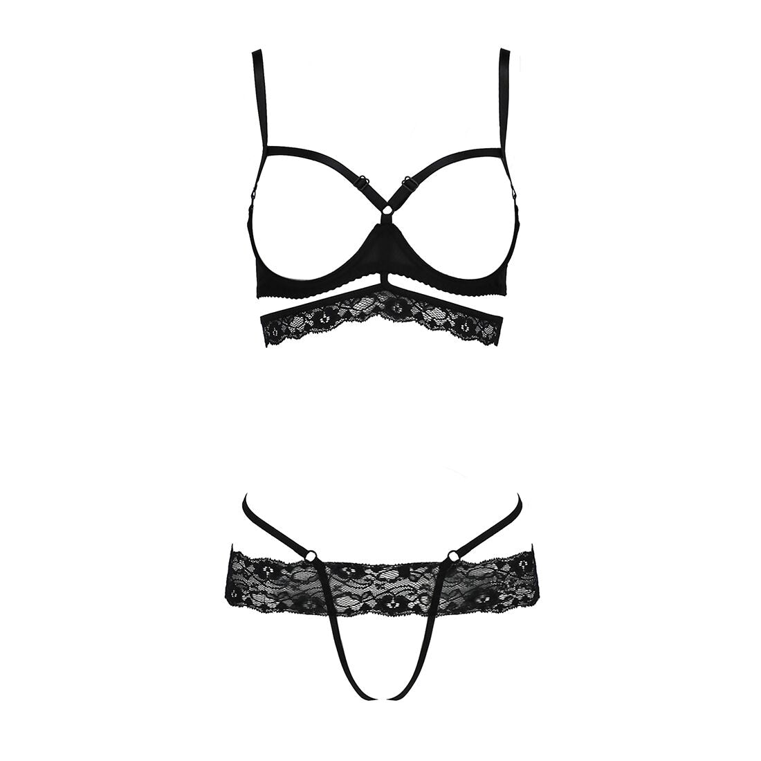 Passion (Польща) Комплект білизни Passion Exclusive SARIA SET OpenBra XXL/XXXL black, стрепи, відкритий ліф, стрінги