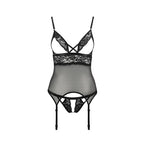 Корсет з відкритими грудьми Passion DIABOLINA CORSET, пажі, трусики, напівпрозорий