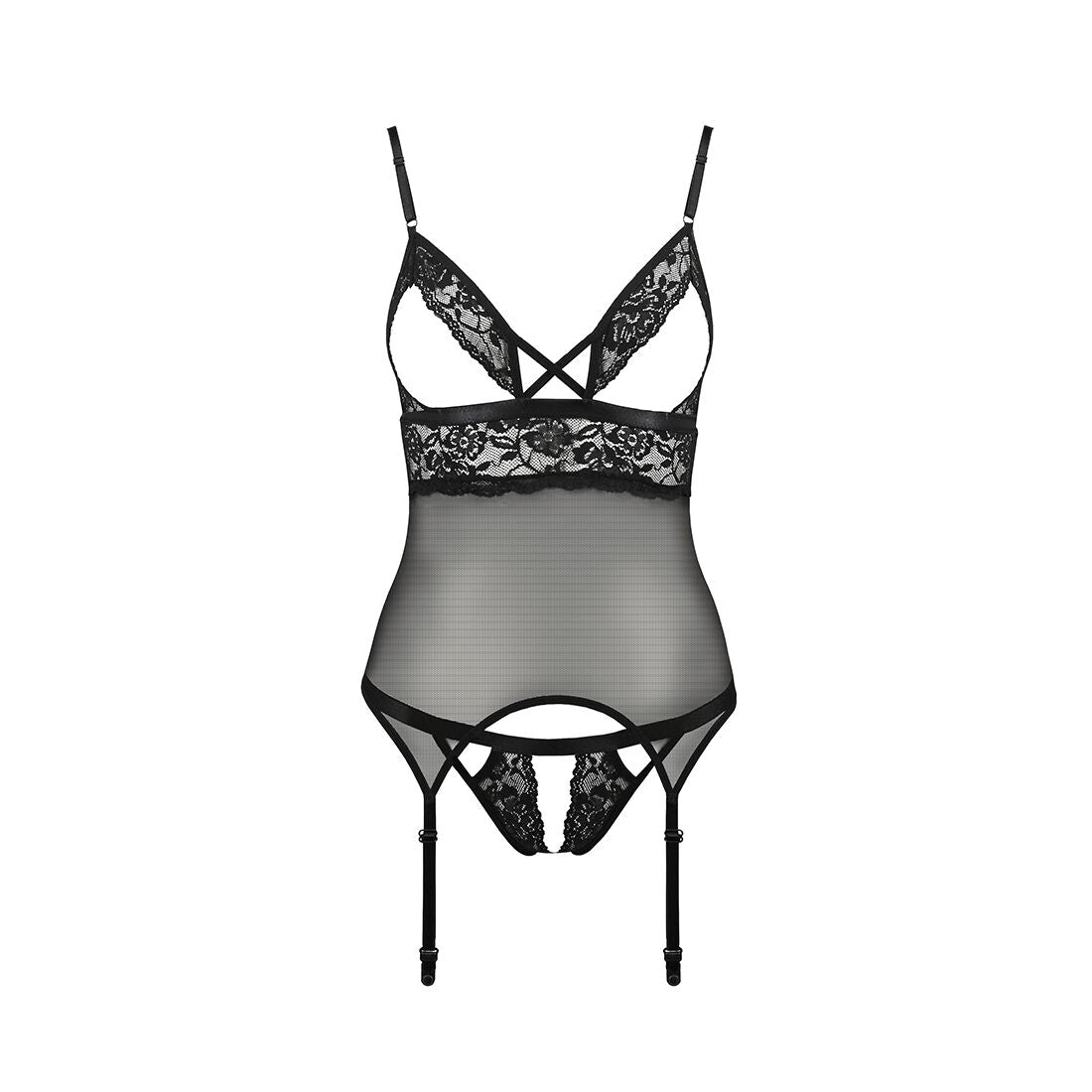 Passion (Польща) Корсет з відкритими грудьми Passion DIABOLINA CORSET S/M, black, пажі, трусики, напівпрозорий