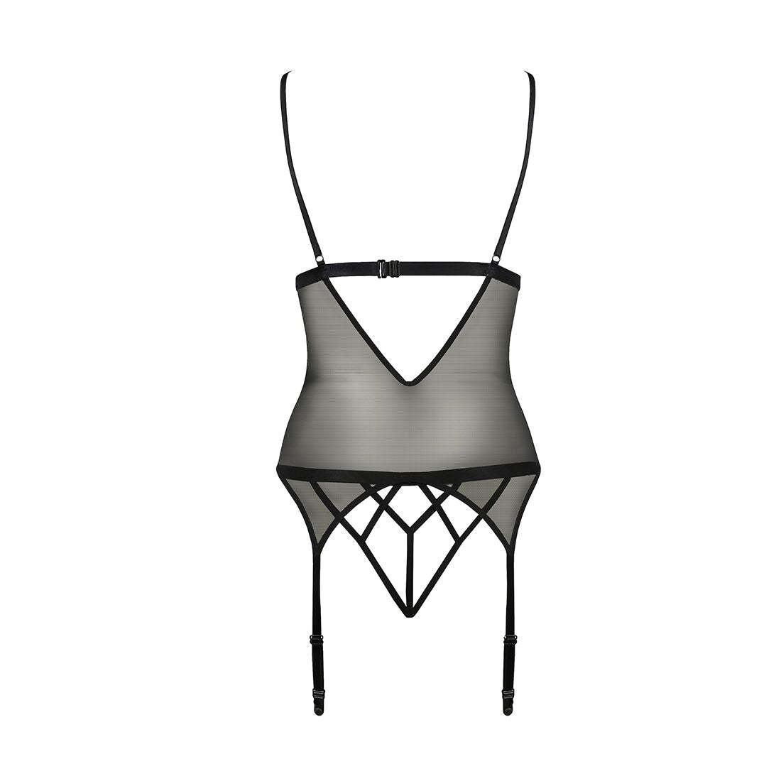 Passion (Польща) Корсет з відкритими грудьми Passion DIABOLINA CORSET S/M, black, пажі, трусики, напівпрозорий