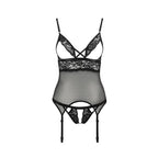 Корсет з відкритими грудьми Passion DIABOLINA CORSET XXL/XXXL, black, пажі, трус