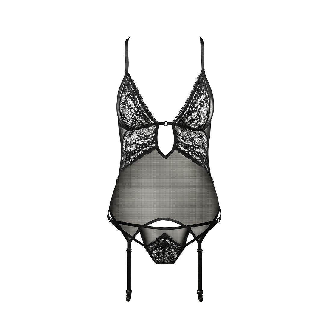 Passion (Польща) Корсет з декольте Passion ERZA CORSET L/XL, black, пажі, трусики, напівпрозорий