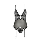 Корсет з декольте Passion ERZA CORSET L/XL, black, пажі, трусики, напівпрозорий