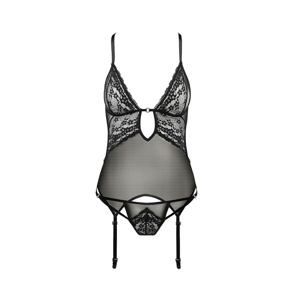 Корсет з декольте Passion ERZA CORSET S/M, black, пажі, трусики, напівпрозорий