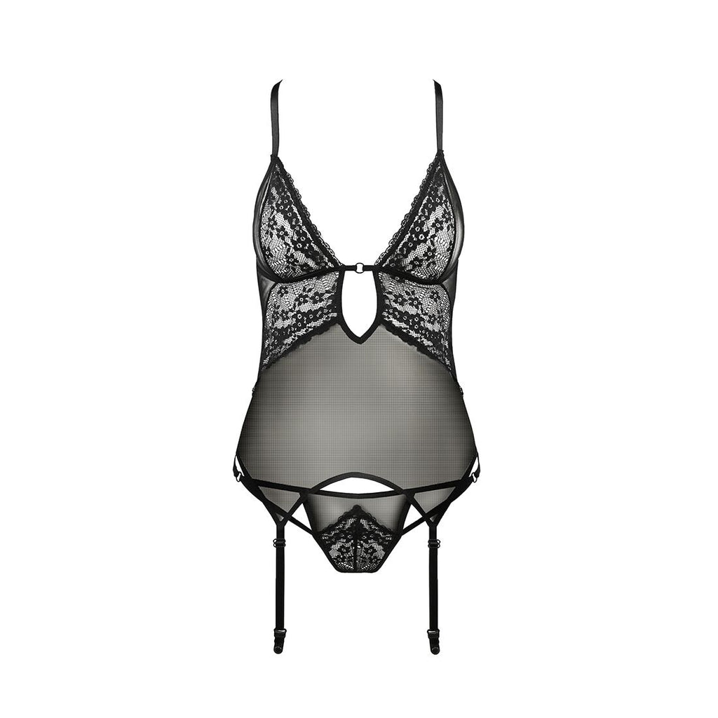 Passion (Польща) Корсет з декольте Passion ERZA CORSET XXL/XXXL, black, пажі, трусики, напівпрозорий