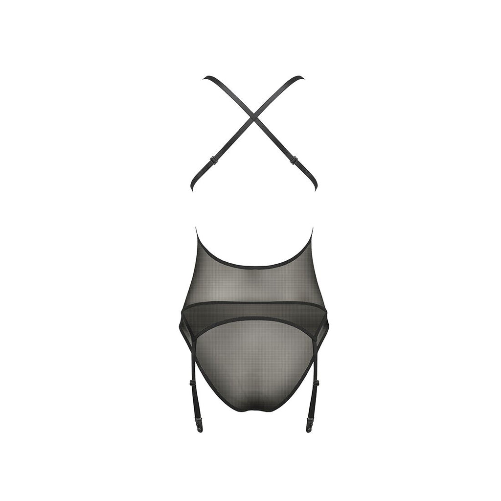 Passion (Польща) Корсет з декольте Passion ERZA CORSET XXL/XXXL, black, пажі, трусики, напівпрозорий