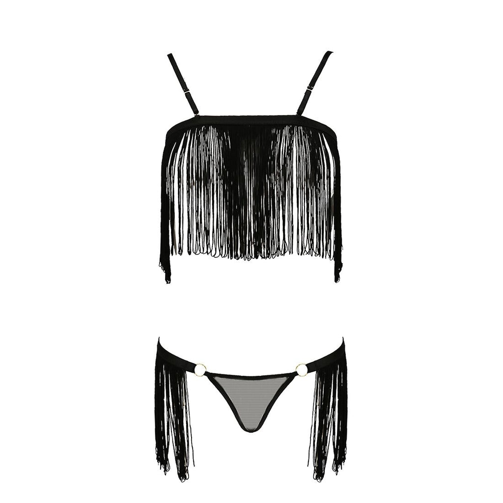 Passion (Польща) Комплект білизни Passion Exclusive KASSANDRA SET OpenBra S/M black, ліф з бахроми, трусики-спідниця