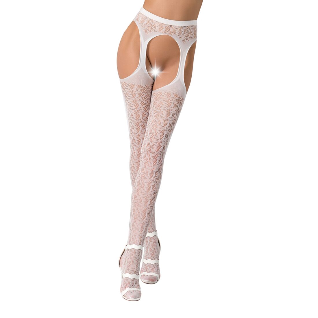 Passion (Польща) Мереживні колготки-бодістокінги Passion S014 One Size, White, імітація панчіх та пояса з гартерами