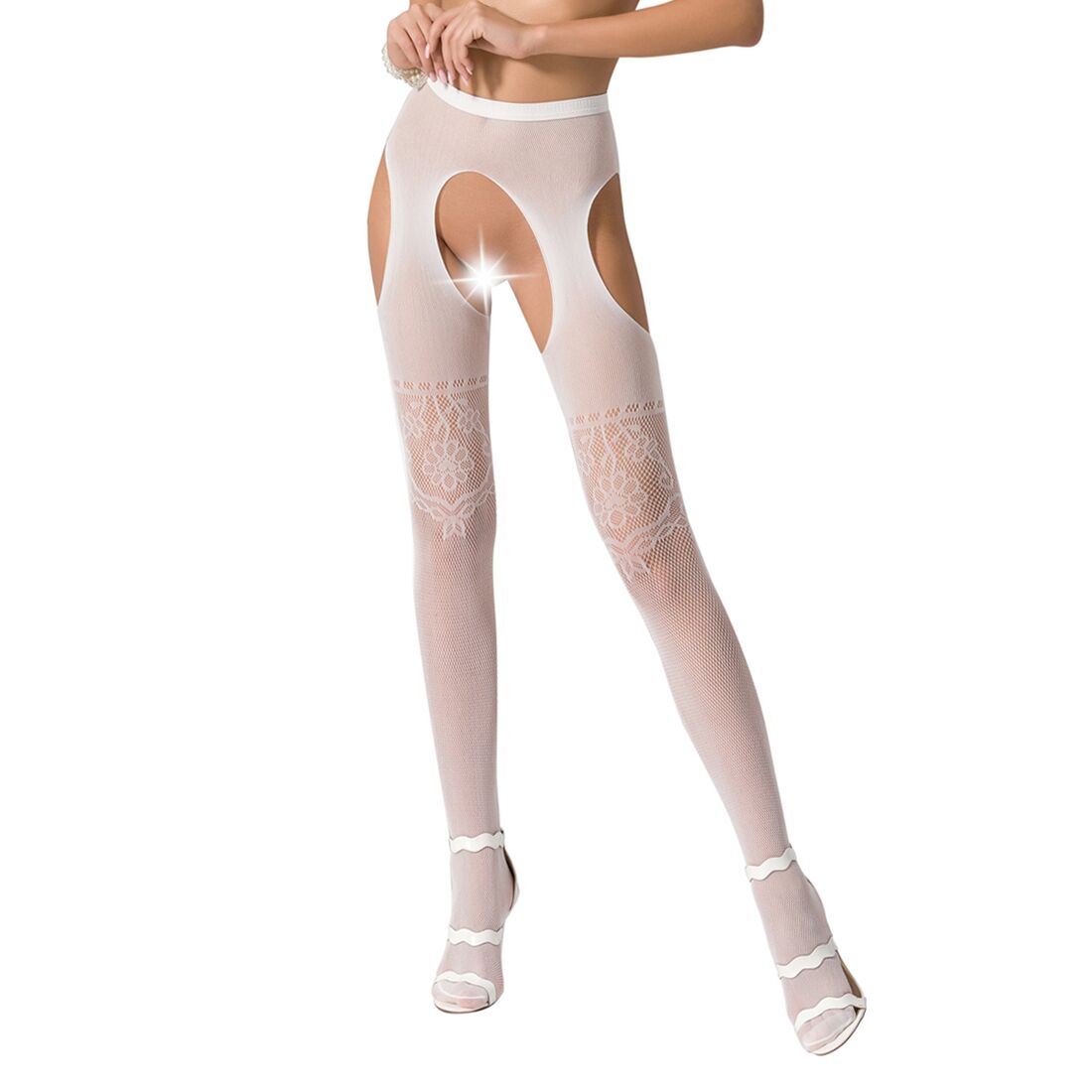 Passion (Польща) Колготки-бодістокінги з відкритим доступом Passion S017 One Size, White, імітація панчіх та пояса