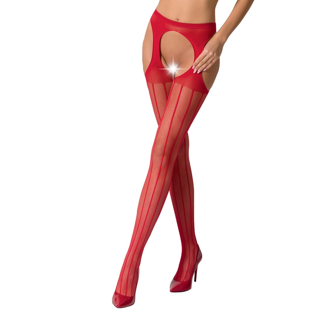 Passion (Польща) Сітчасті панчохи-стокінги Passion S018 One Size, Red, імітація пояса, сітка з вертикальними смужками