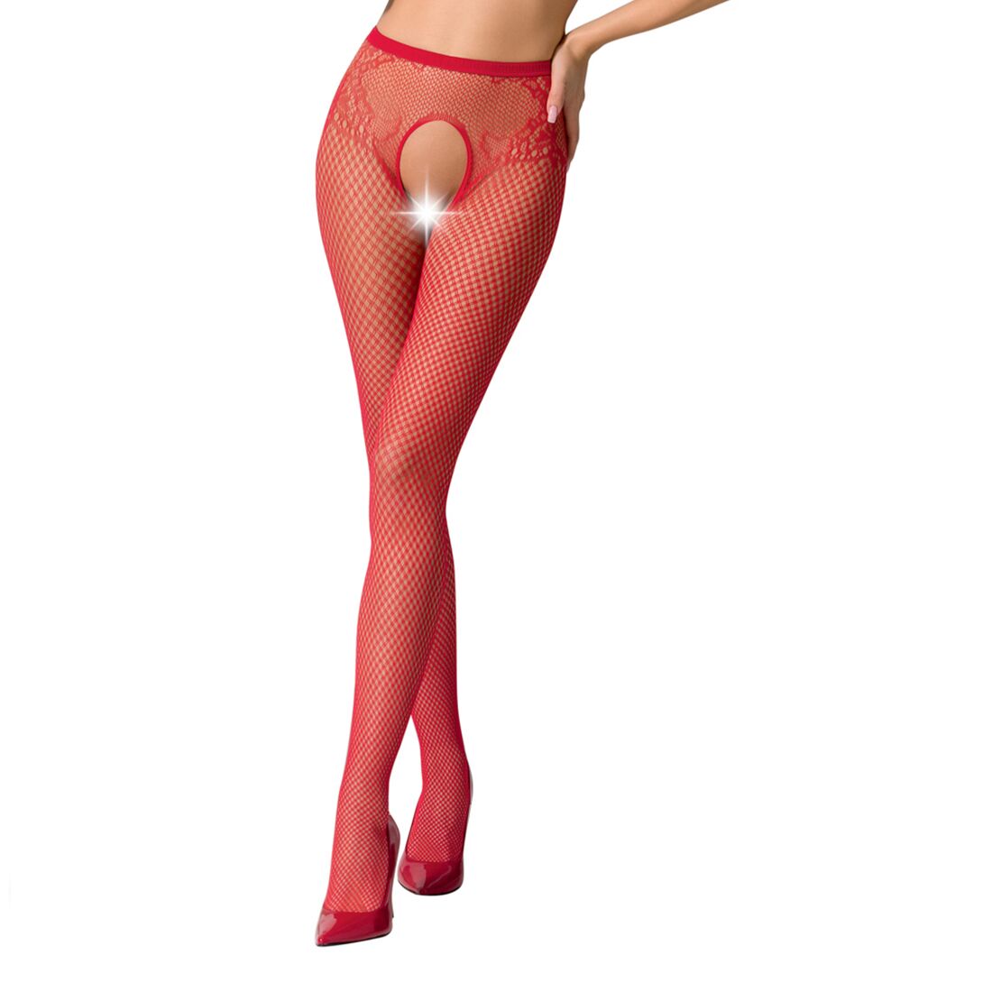 Passion (Польща) Сітчасті колготки-бодістокінги Passion S019 One Size, Red, імітація трусиків, відкритий доступ