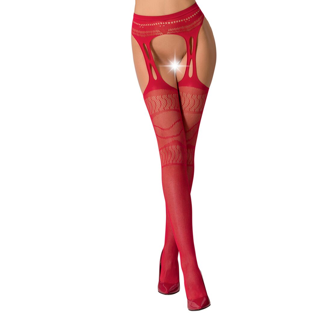 Passion (Польща) Сітчасті панчохи-стокінги Passion S020 One Size, Red, ажурний візерунок, імітація пояса з гартерами