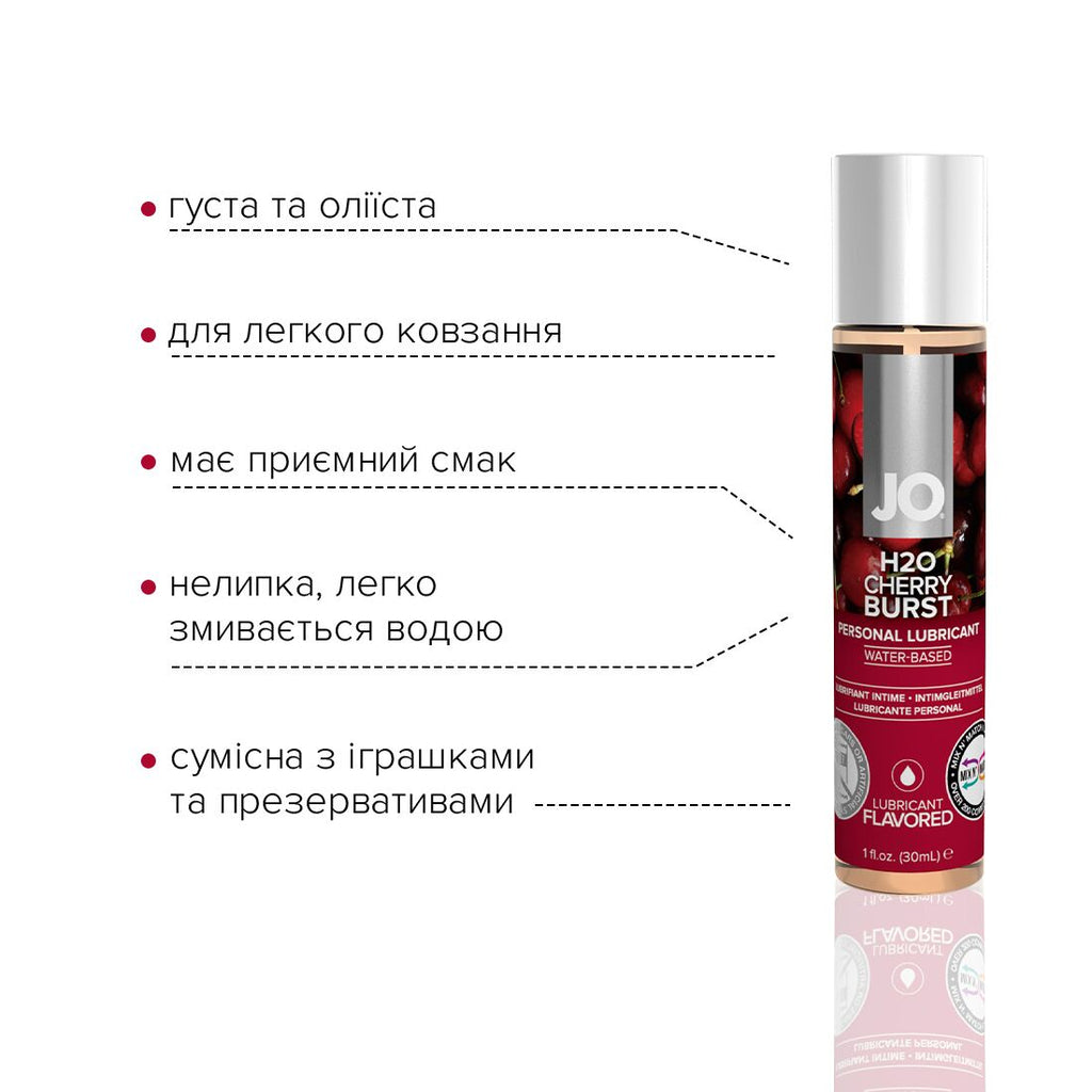JO (США) Змазка на водній основі JO H2O — Cherry Burst (30 мл) без цукру, рослинний гліцерин