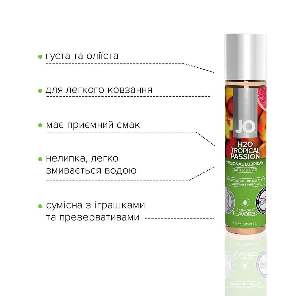 JO (США) Змазка на водній основі JO H2O — Tropical Passion (30 мл) без цукру, рослинний гліцерин