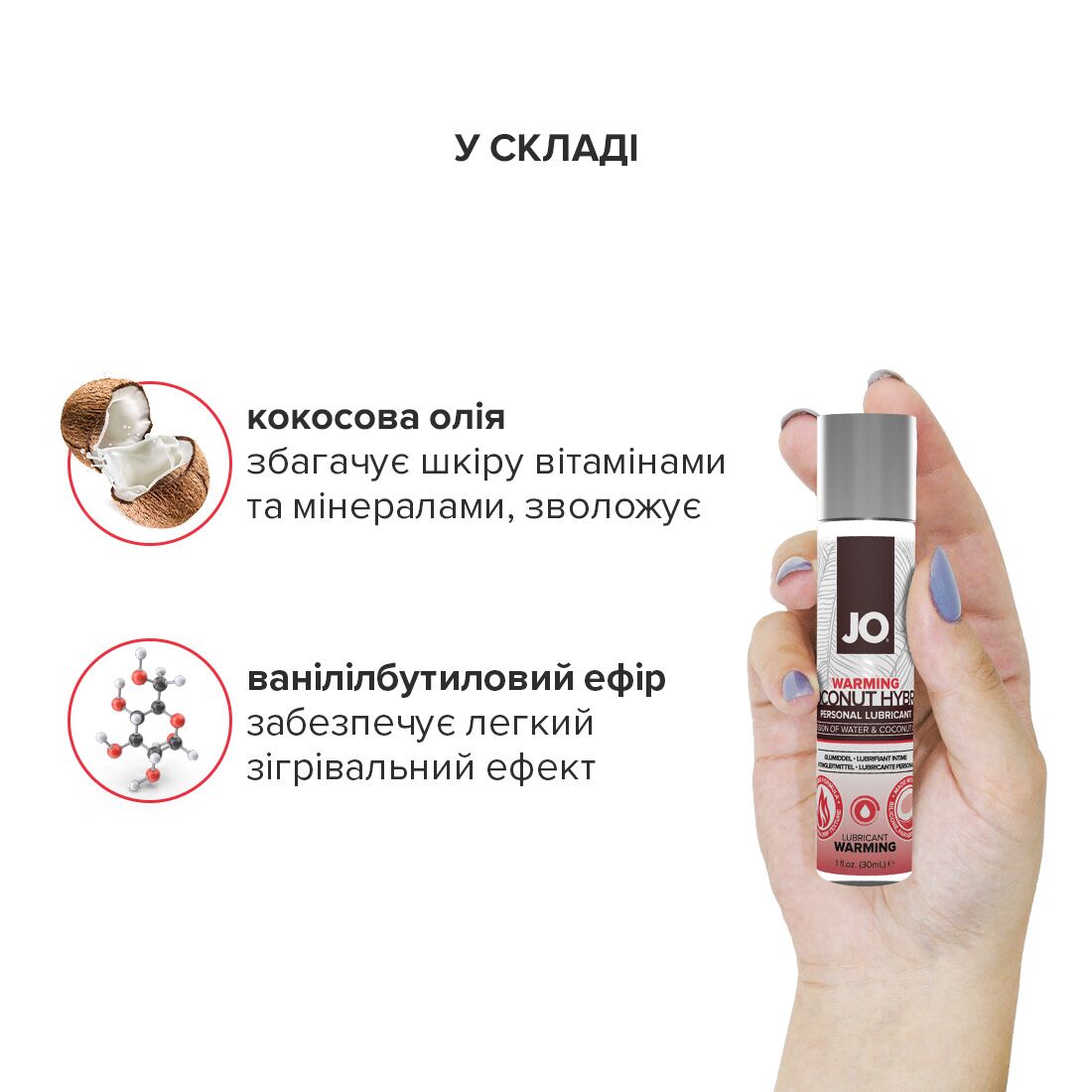JO (США) Розігрівальна змазка-крем з кокосовою олією JO Coconut Hybrid WARMING (30 мл) біла